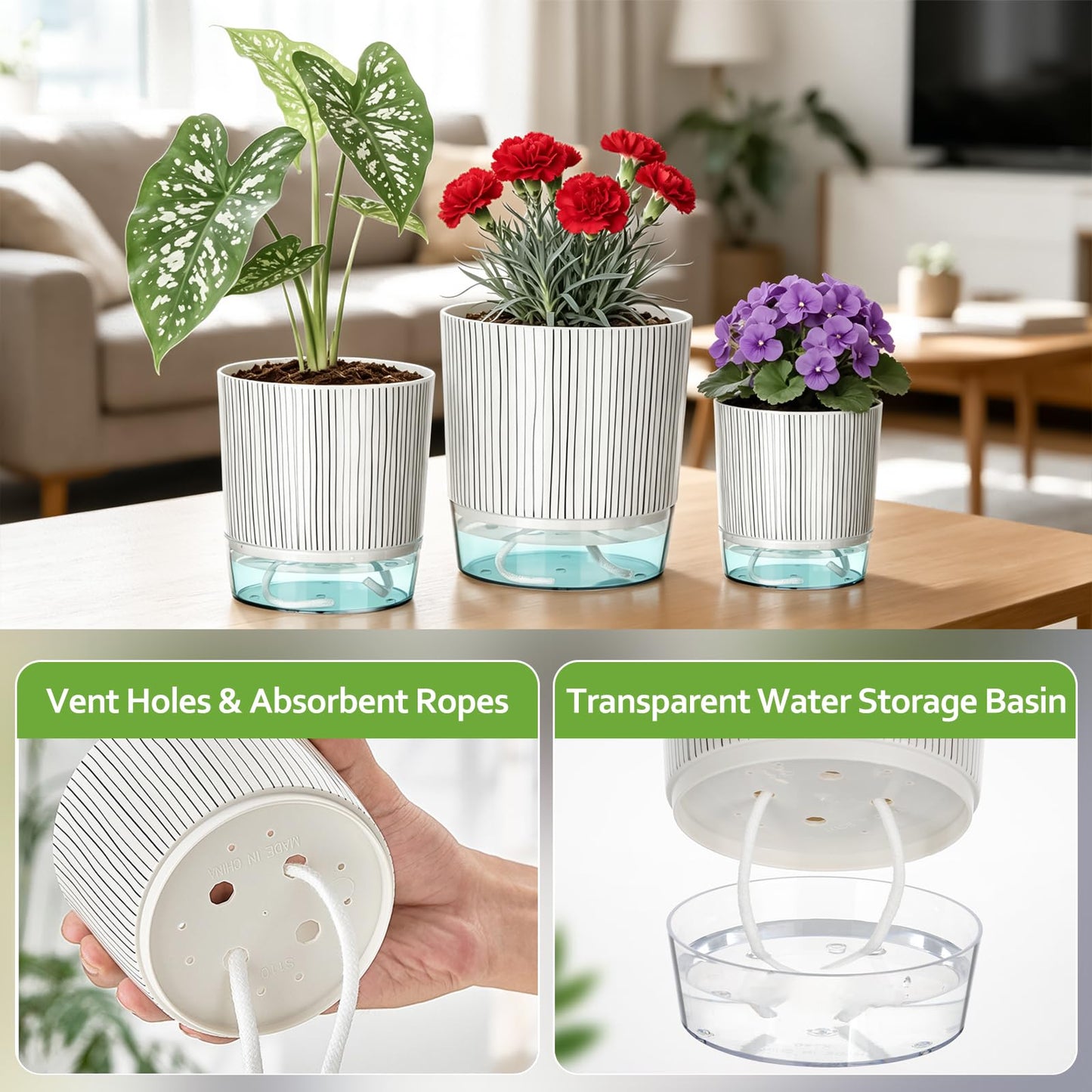 Samhe 3 Pack Self Watering Pots for Indoor Plants, 4+5.5+6.3 Inch Self Watering Plant Pots, Flower Pots with Wick Rope and Reservoir - Black Stripes