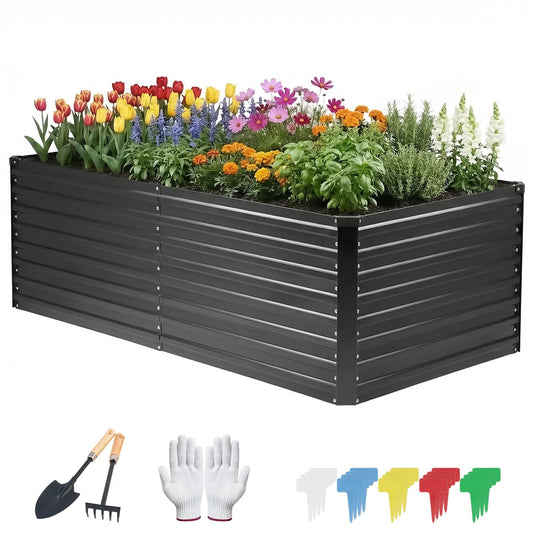 DTIG Galvanized Raised Garden Bed for Vegetables Flowers Herbs, Tall Metal Raised Garden Bed Kit with Garden Tools, Gloves, Plant Labels, Black 6×3×2FT
