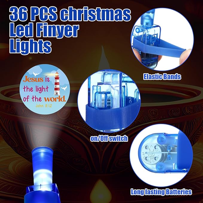 Tuanse 30 Pcs Christian Easter Gifts for Kids Bulk Religious Sunday School Prizes Gift Toys Glow in The Dark Inspirational Finger Light Bible Church Christian Easter Basket Stuffers
