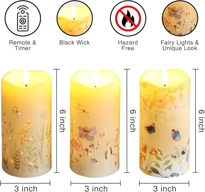 Eywamage Fiber Optic Flameless Pillar Candles with Remote Set of 3, Butterfly Floral Spring LED Candles Battery Operated Φ 3" H 6"
