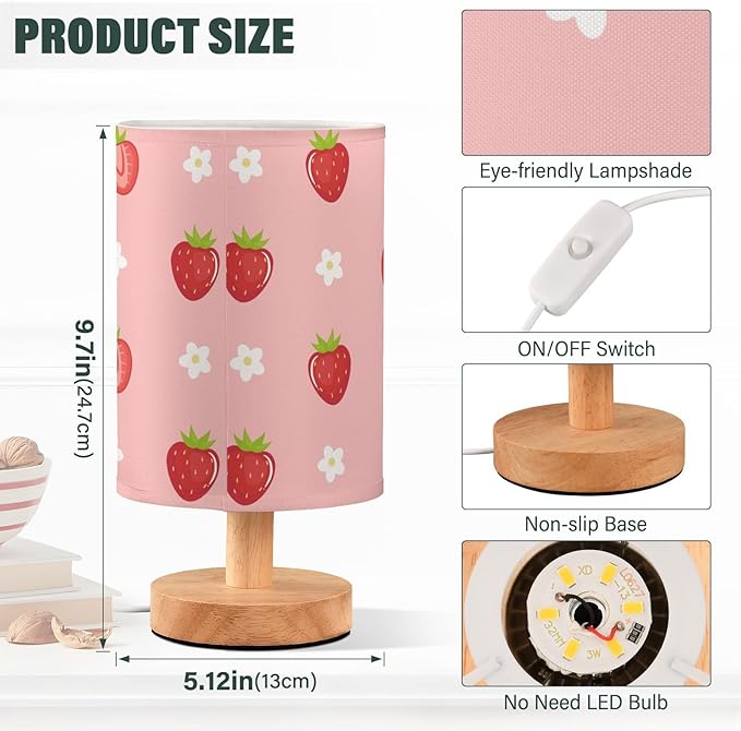 Bedside Table Lamp Cute Strawberry Florals Nightstand Lamp with Wood Fruits Flowers Pink Desk Lamps for Bedroom Living Room Nursery Office Home Decor