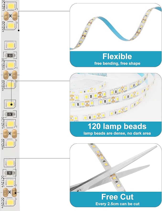 Warm White LED Strip Lights, 16.4ft Smart LED Light Strip 3500K with Dimmable Remote & Adapter, Strong Adhesive, 600 LEDs Flexible Tape Lights for Vantiy Mirror, Kitchen Cabinet, Bedroom