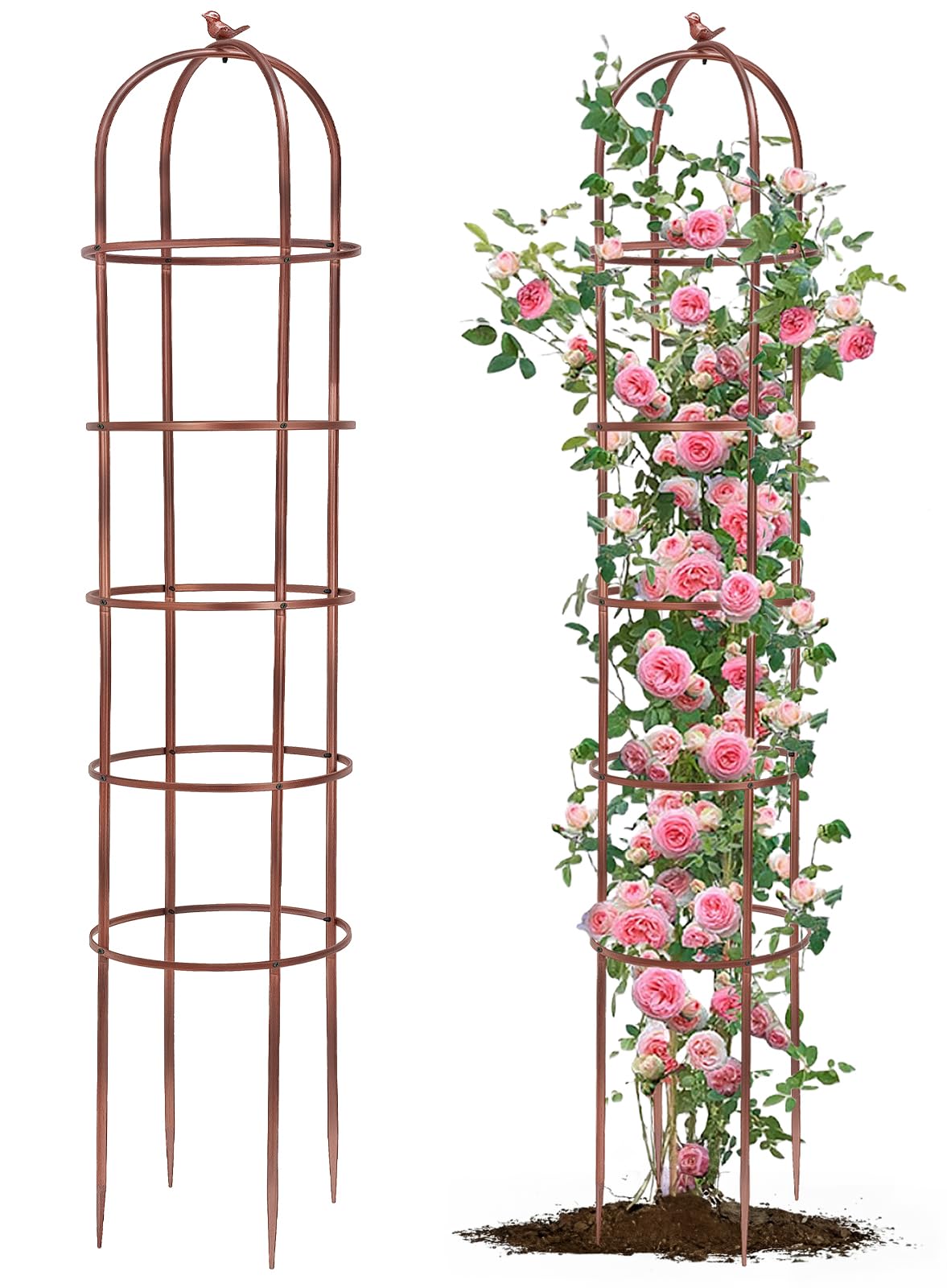 HEYTIMI 1 Pack 7Ft Heavy Duty Metal Garden Obelisk Trellis for Climbing Plants, Rust-Resistant Steel Vine Support Bird Finial for Rose Clematis, Potted Flowers Stand Indoor Outdoor Decor (Rose Gold)