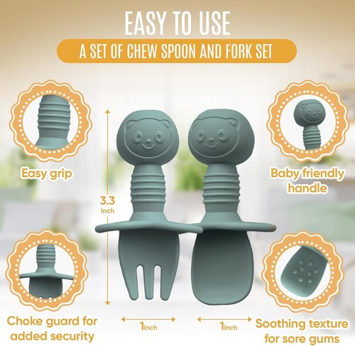 HippoBaby Silicone Baby Utensils Set - 4-Piece Self-Feeding Spoons & Fork for 6-12 Months - BPA Free, Dishwasher Safe (Light Pink/Army Green)