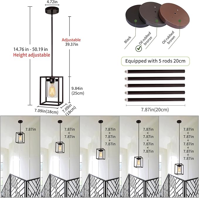 1-Light Oil Rubbed Bronze Pendant Light Fixture, Farmhouse Iron Cage Metal Pendant Light, Lantern Pendant Lighting with Clear Glass Shade for Kitchen Island Entryway Dining Room Hallway