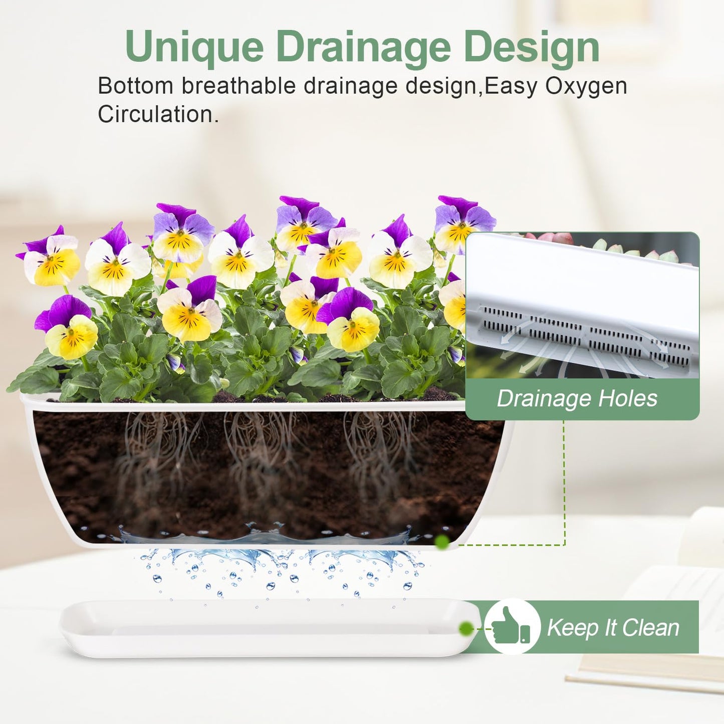 Oliz 4-Piece White Rectangular Window Sill Planters with Drainage Holes and Trays (11 Inches) for Basil, Orchids, and Succulents Modern Herb Garden Planters Suitable for Indoor/Outdoor Plants