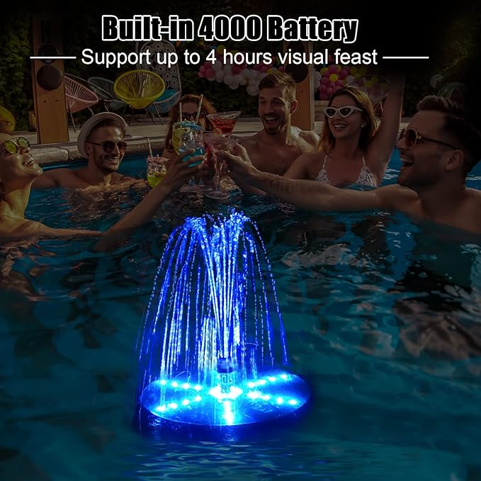 Solar Bird Bath Fountains Upgraded, 4W Solar Powered Water Fountain Pump with 4000 Battery, 7 Nozzles & 4 Fixers, Colorful LED Lights for Garden, Pond, Swimming Pool, Fish Tank, and Outdoor