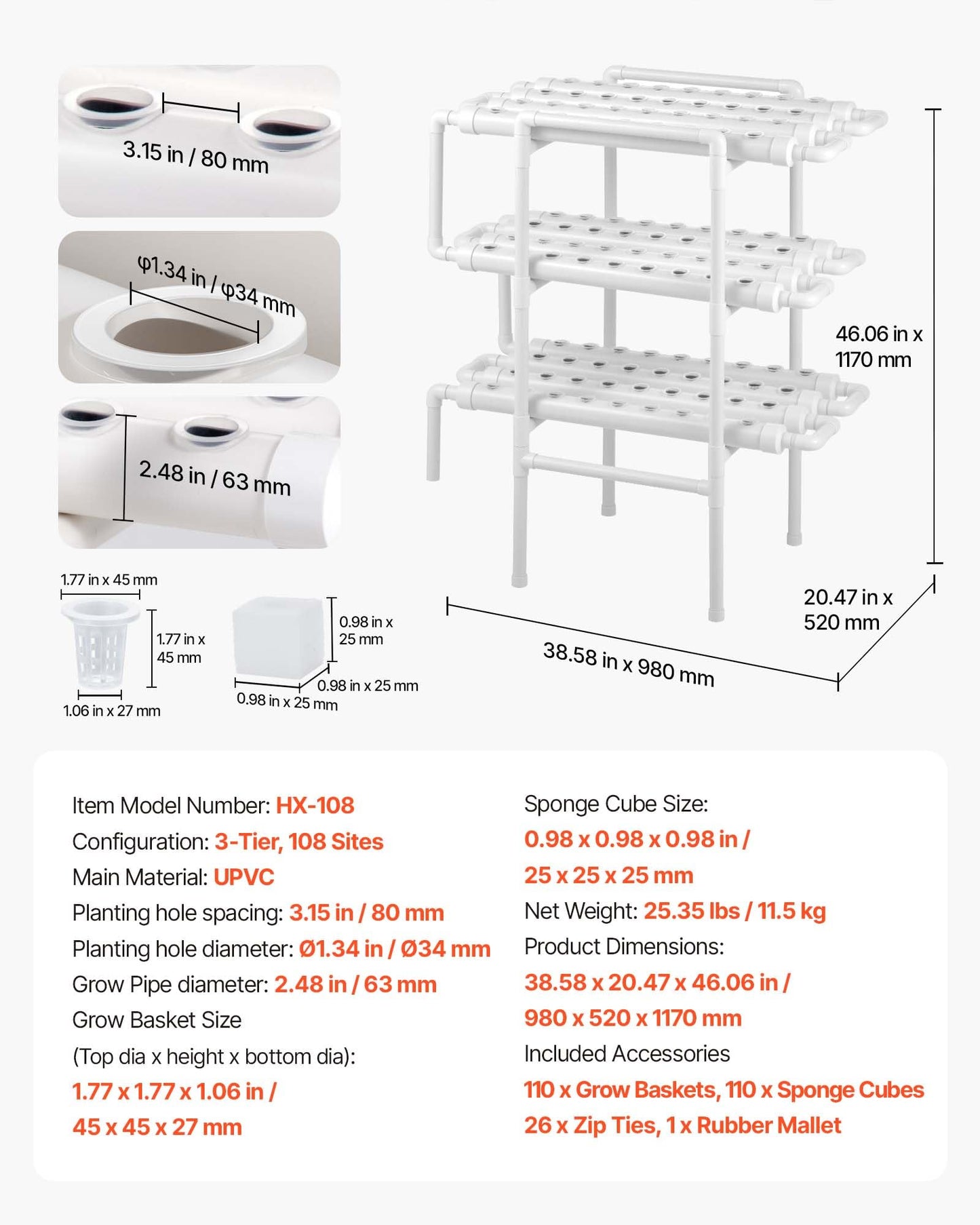 VEVOR Hydroponics Growing System Kit, 3-Tier 108 Sites UPVC Pipe Hydroponic Grow Kit with Timed Irrigation, Thickened Hydroponic Pipes, Indoor Home Garden Vegetable Planting Grow Kits for Fruit Herb
