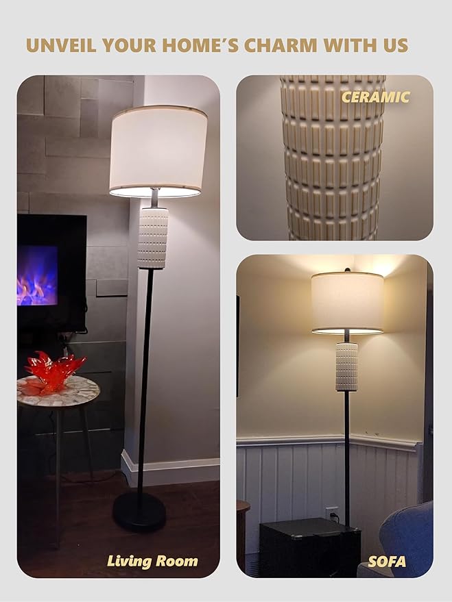 PoKat Farmhouse Floor Lamp for Living Room with Ceramic, 64" Black Standing Lamps for Living Room Corner, Modern Tall Floor Lamps for Bedroom, Sofa, Reading Nock, Rotary Switch, Matte Black