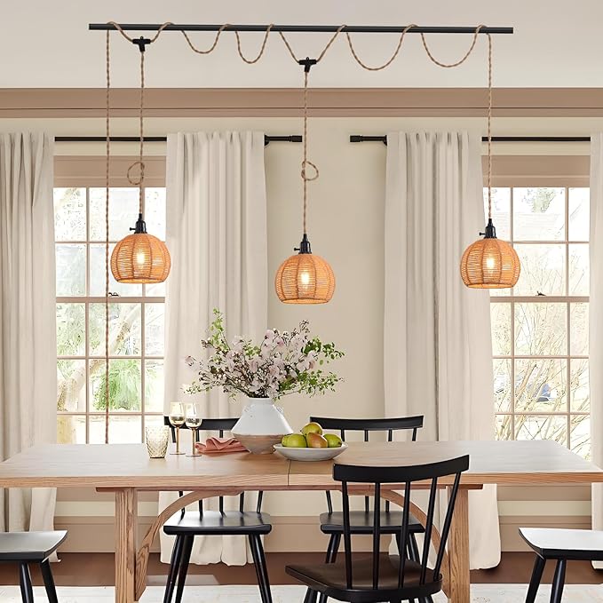 3-Light Hanging Light with Plug in Cord,Plug in Pendant Light 22ft Hemp Rope Pendant Lighting Vintage 3-Light Hanging Lamp Fixtures for Kitchen Island Living Room Bedroom