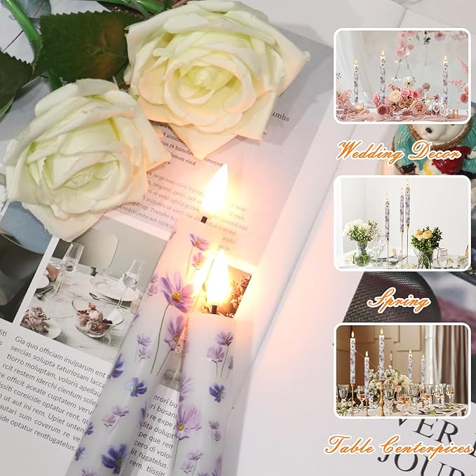Purple Flowers Flameless Taper Candles with Remote Timer, LED Taper Candles Battery Operated Warm 3D Wick Flickering, Real Wax CandleSticks, Wedding Birthday Christmas Decor