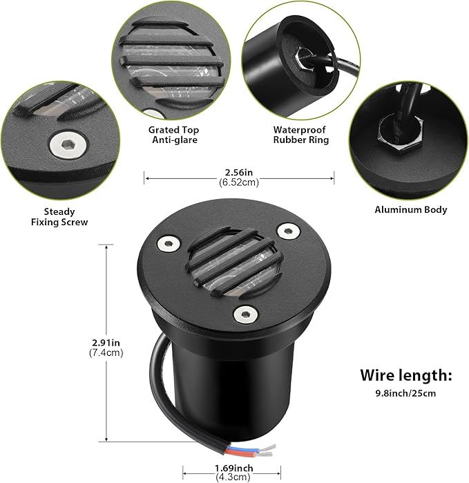 Junview Low Voltage Landscape Lights with Connectors Grated Top Anti-Glare LED Well Lights 12V-24V Waterproof Outdoor In-Ground Light Garden Landscape Lighting for Deck Pathway Yard (4)