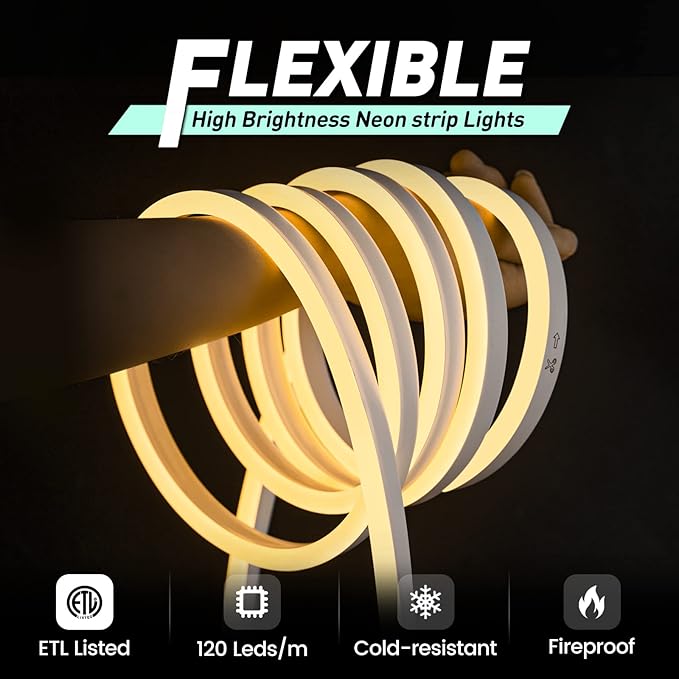 GZBtech Flexible LED Neon Rope Lights 100FT,AC 110-120V Waterproof Strip Light, 120 LEDs/M Cuttable Connectable Neon Lighting for Indoor Outdoor Home Decor/Commercial Use-Warm White 30M, ETL Listed