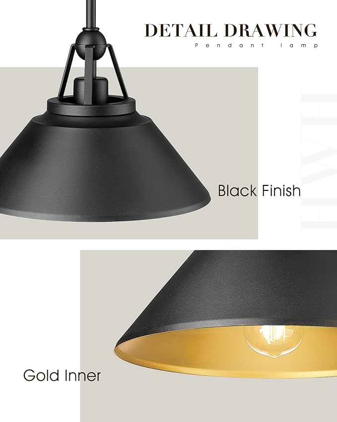 Barn Pendant Light Fixture, HWH 1-Light Hanging Lighting 12-Inch, Industrial Pendant Lights for Kitchen Island Farmhouse Dinning Room, Black and Gold Finish, 5HYS89MIL BK