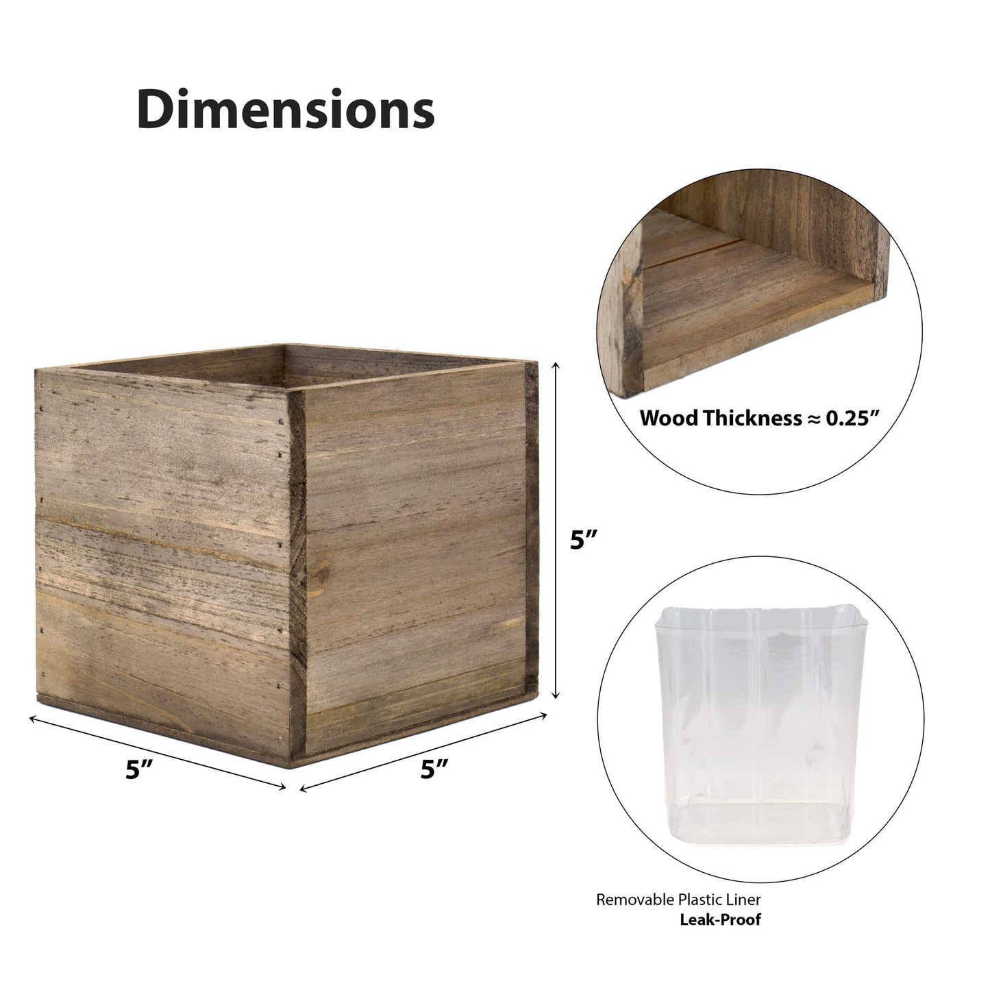 CYS EXCEL Cube Planter Box with Removable Plastic Liner (5"x5"x5")(4 PCS) | Multiple Size Choices Wood Square Planter | Indoor Decorative Window Box