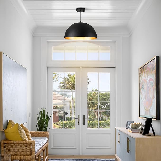 16" Dome Farmhouse Pendant Lights for Kitchen Island,Industrial Matte Black Pendant Light, Modern Adjustable Hanging Lamp for Dining Room,Living Room,Hallway,Cafe,Bar,1 Pack