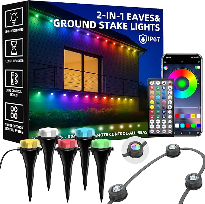 150 FT Permanent Outdoor Lights, Waterproof 2-in-1 Eaves & Ground Stakes LED String Lights with App/Remote Control for House, Garden– Smart Color-Changing Lighting for Halloween Christmas Decorations