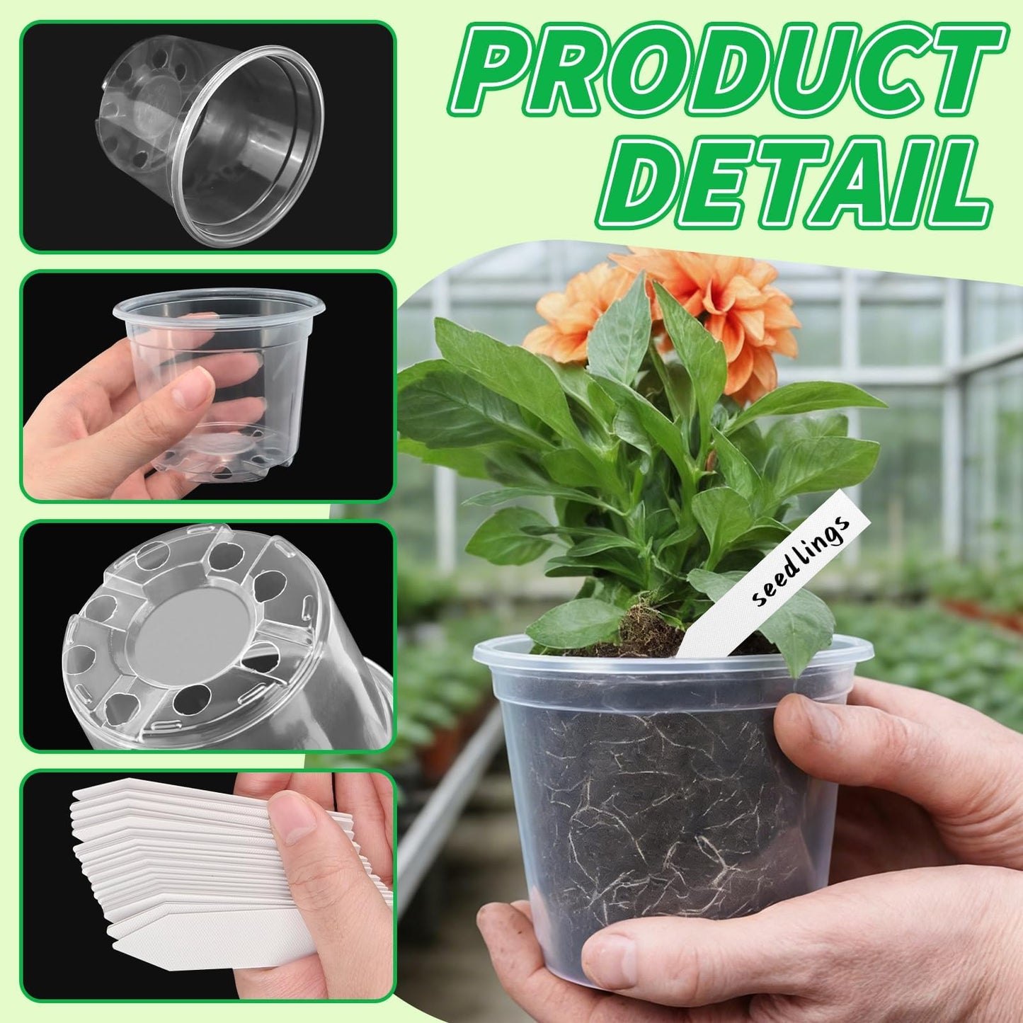 VOKOY 42 Pack 4/3/2.75 Inch Clear Nursery Pots with 50 Plant Labels, Clear Plant Pots with Drainage Hole Plastic Transparent Variety Pack Garden Flower Seedling Pots Small Planter Containers