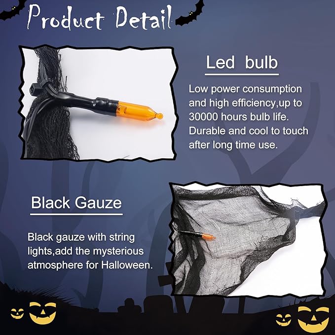Halloween Fairy String Lights Indoor,Orange Battery Operated Lights, 30LED Battery Powered Timer 8 Mode 9.9Ft, Fall Garland with Black Cloth Gauze for Party Room Mental Fireplace Decorations (1PACK)