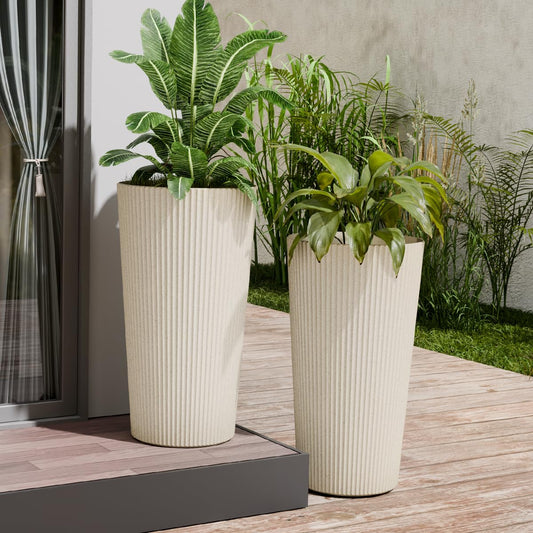 Trygoal 23.6" Tall Planters for Outdoor Plants,Large Outdoor Planters for Front Porch Decor with Drainage Hole, Flower Pots Fits Indoor Plants Patio/Garden, Plastic Striped Off-White (2 Pack)