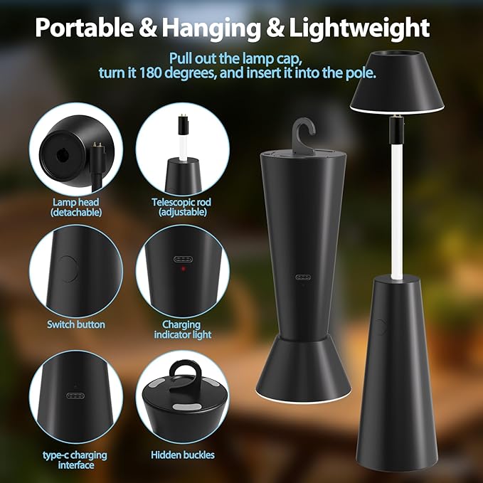 Cordless Rechargeable Table Lamp with Adjustable Height, Portable LED Desk Light with Smooth Dimming 2 Color Modes, Handheld Battery Operated Lamp for Bedroom, Dining, Camping, Desk, Outdoor (Black)