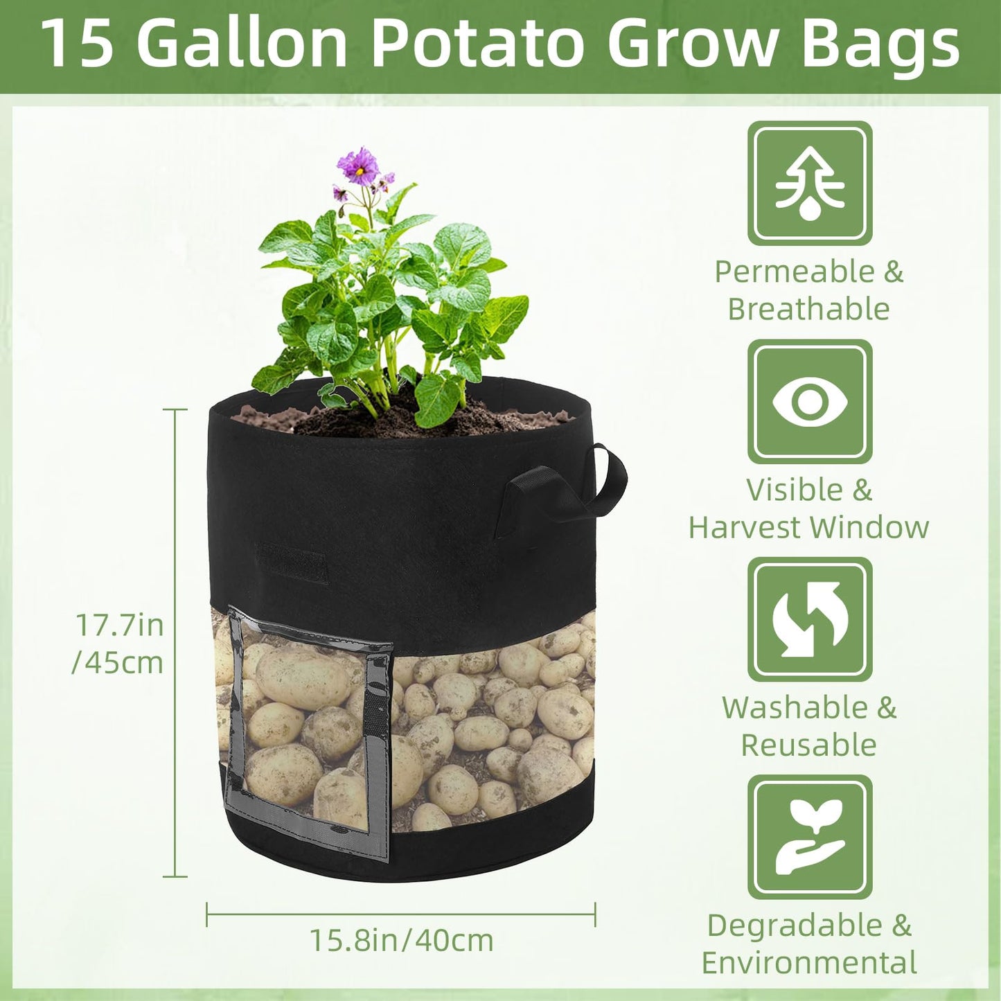 6 Pack 15 Gallon Visible Potato Grow Bags, Thickened Nonwoven Fabric Pots Potato Growing Containers with Handles & Visible Flap, Plant Grow Bags for Growing Potatoes, Tomatoes, Flowers, and Vegetables