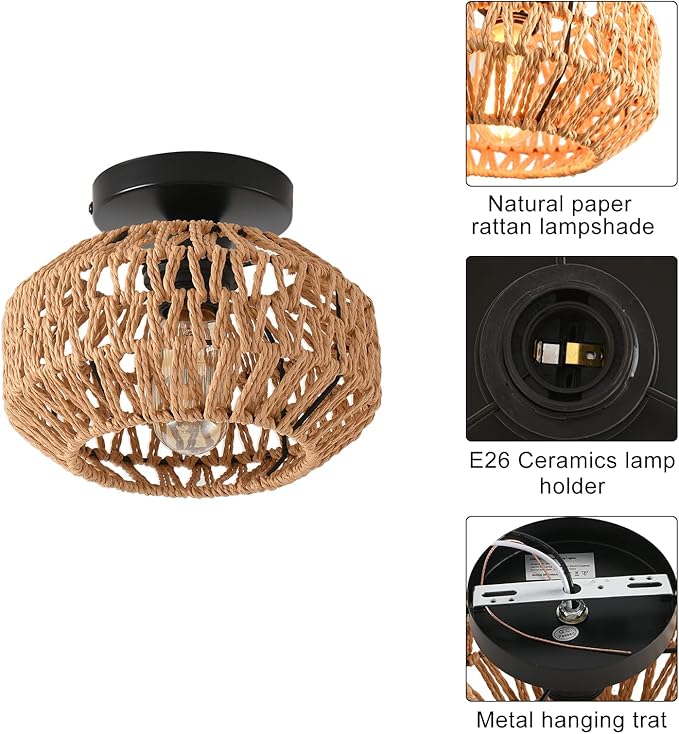 1 Pack Farmhouse Light Fixtures Ceiling Mount,Mini Rattan Boho Semi Flush Mount Ceiling Light,Hand Woven Hallway Light Fixtures for Bedroom Entryway Nursery Study Room