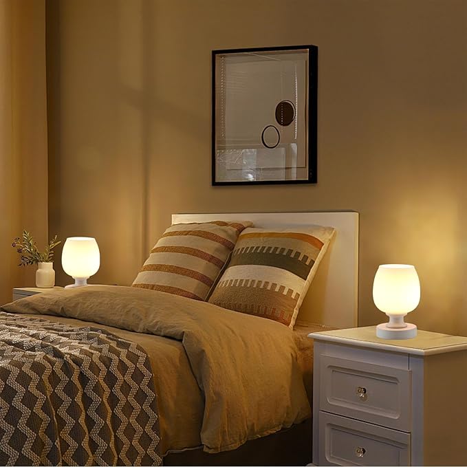 Small LED Table Lamp for Bedroom, 2 Sets Glass Desk Light, 3CCT Bulb Included White