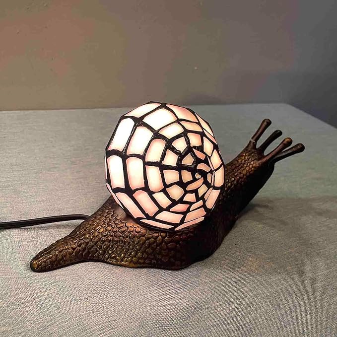 Bieye L10962 Land Snail Tiffany Style Stained Glass Accent Table Lamp for Home Decoration (Pink, 10" D x 5" W x 5" H)