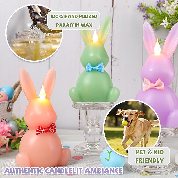 3PCS Easter Bunny Flameless Candles, LED Easter Candles Battery Operated Rabbit-Shaped Real Wax Pink Purple Green,Spring Party Decoration Centerpiece Table Home Decor (No Remote)
