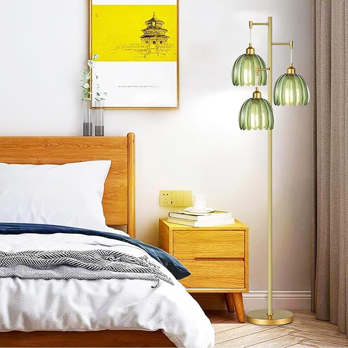 Gold Floor Lamp for Living Room Bedroom,Modern Tree Floor Lamps with Green Glass Shades,68IN Tall Standing Lamp with Bulbs,3 Lights Mid Century Vintage Floor Lamp for Corner Office Reading