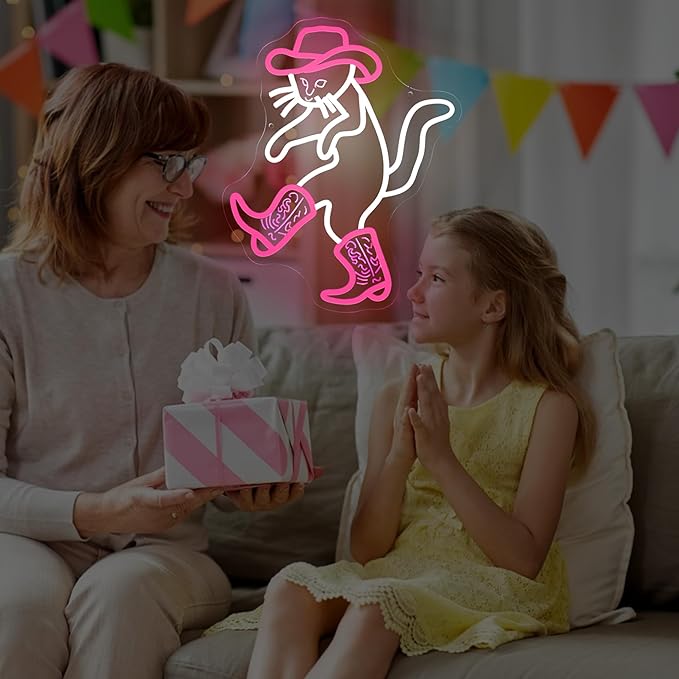 Cowboy Cat Funny Neon Light Sign,Pink Cowboy Hat Animal Neon Sign for Western Rodeo Decor,Novelty Hand Gesture Led Light Up Sign for Home Decoration Bedroom Decor