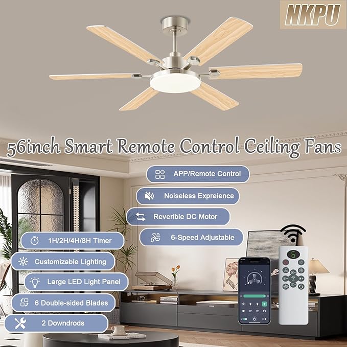 56 Inch Ceiling Fans with Lights, Large Modern Nickel Ceiling Fan with Light and Remote Control, 6 Double Sided Blades, 6 Speed DC Motor, Dimmable LED, Silent Timing, Indoor Outdoor Patio Use