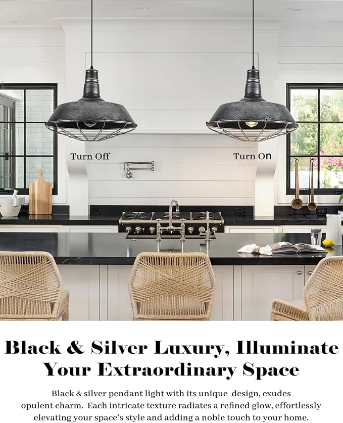 Large Pendant Lights Kitchen Island 1 Pack, 18.1 Inch Oversized Industrial Pendant Light, Black and Silver Barn Pendant Light with Wire Cage, Farmhouse Pendant Lights for Kitchen Barn