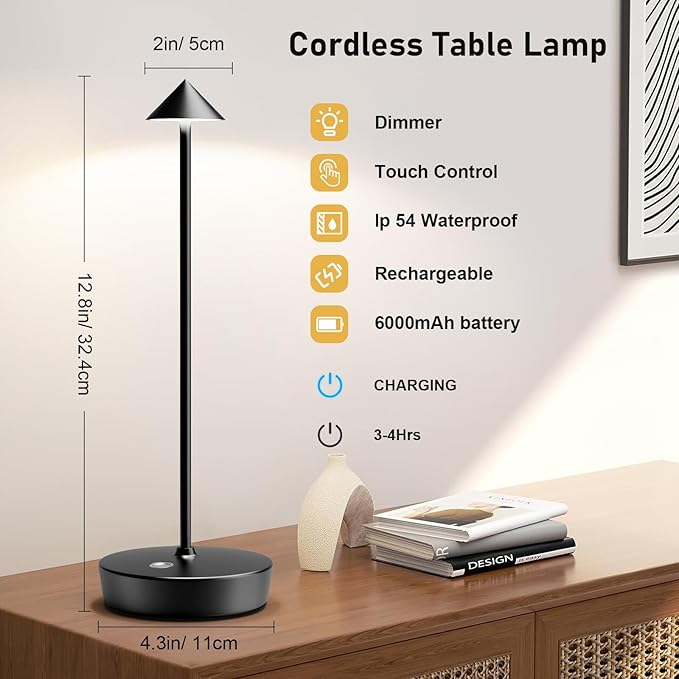 Rechargeable Cordless Table Lamp, 6000mAh LED Battery Operated Desk Lamp Touch 3 Color Stepless Dimming Portable Outdoor Waterproof Table Light for Patio/Restaurant/Dining/Home (Black)