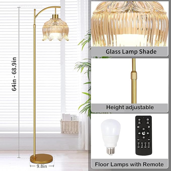 Flower Floor Lamp for Living Room,Bedroom,Gold Dimmable Standing Lamp with Remote,Glass Mid Century Modern Brass Tall Lamp Boho Floor Lamps Arc Stained Floor Light Lamp Bohemian