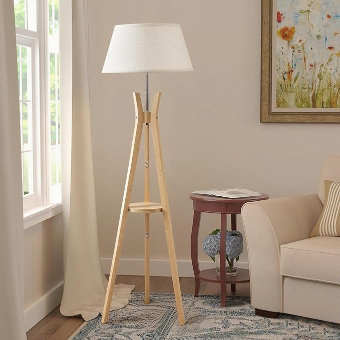 Floor Lamp with Shelf Table, Mid-Century Modern Corner Floor Lamp with Beige Linen Shade, Tall Standing Lamp with Bamboo Tripod Frame, E26 Base for Living Room Bedroom Office