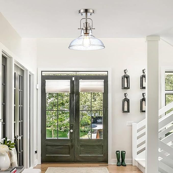 Modern Flush Mount Ceiling Light Fixture, < Bulb NOT Included> Brushed Nickel Finished with Clear Glass Shade, Farmhouse Light Fixture for Kitchen Island Entryway Porch Foyer Dining Room