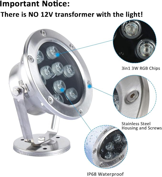 JSN&PC LED Pond Lights 27W RGB Color Changing with RF Remote Controller & IP68 Waterproof Joint for Party Swimming Pool Fountain Water Rockery Grass Land