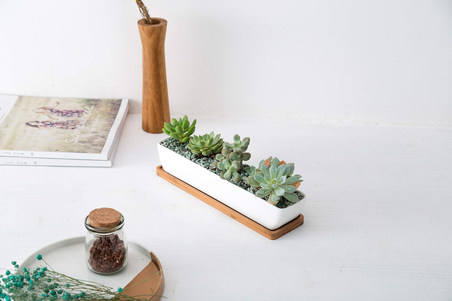 SeaStar White Rectangular Long Succulent Planter Pot,11x2.16x1.75inch Modern Minimalist Ceramic Succulent Planter Pot with Saucer for Office,Desk,Window.