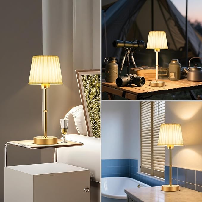FRIDEKO HOME Rechargeable Table Lamp Gold - Cordless Battery Operated Lamp, Fabric Shade Desk Lamp, Wireless Lamp for Decor Bedroom Dining Table Counter (1pcs-Soft Fabric-Bulb Included-15.7in)