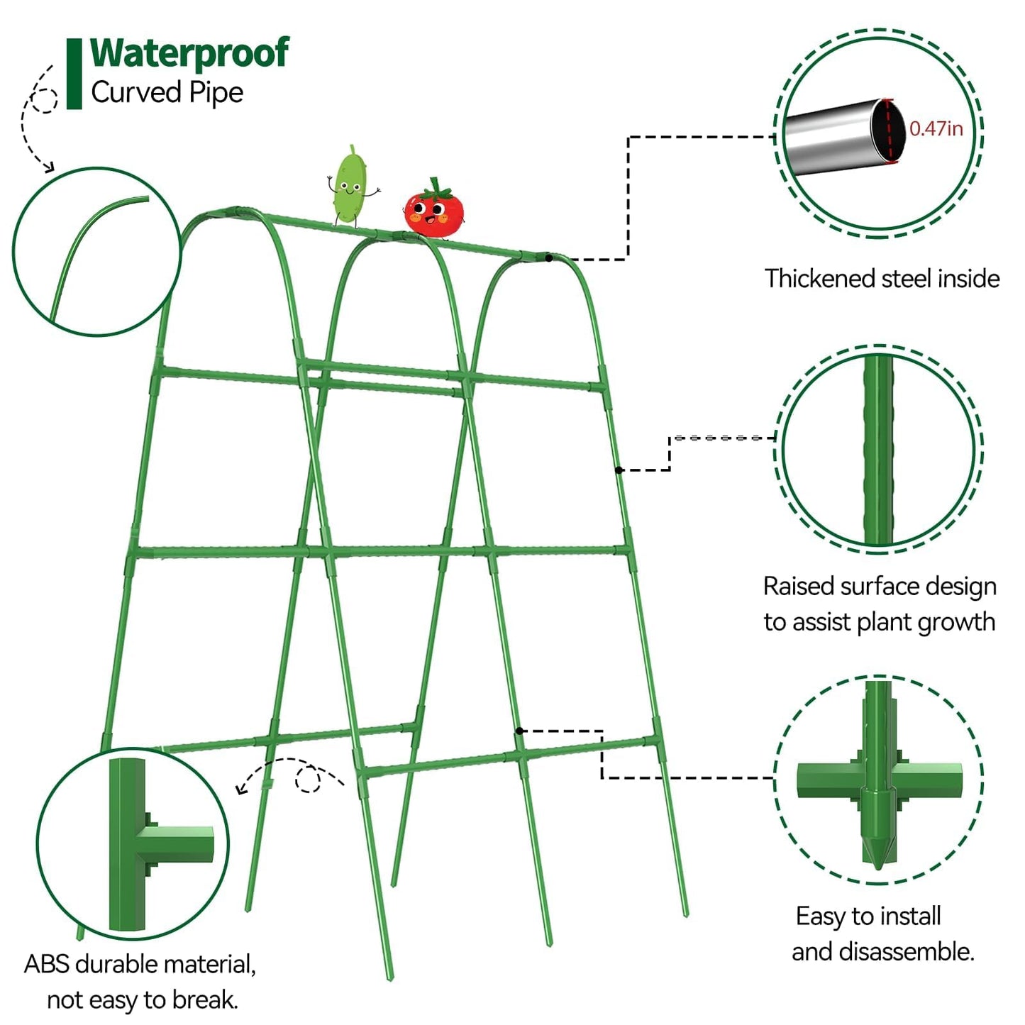 63" Tall Garden Trellis for Raised Bed Metal U-Frame Arch Tunnel Tomato Cage Plant Stakes Support with Garden Netting for Cucumber,Grapes,Peas, Zucchini,Vine,Bean,Flowers
