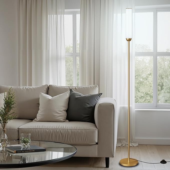 Ambimall LED Floor Lamp with Remote Control, 65" Standing lamp with Stepless Adjustable 3000K-6500K Colors & 30-100% Brightness, Foot Switch(Gold)