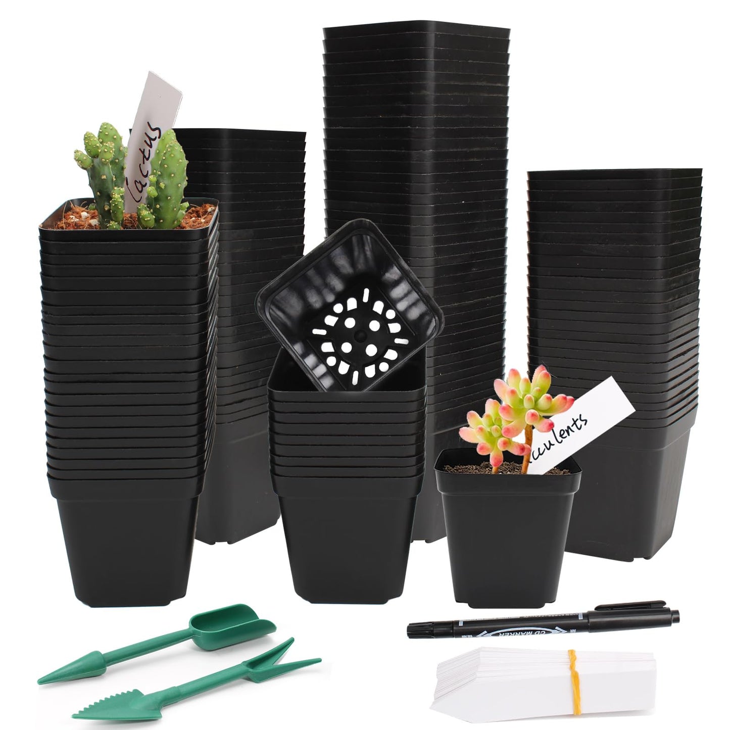 100 Pcs 2.6" Square Nursery Pots for Seeds - Thickened Reusable Plastic Seedling Pots with 60 Plant Labels & Tools - Seed Starter Pots with Drainage for Succulents, Flowers, Cuttings & Greenhouse