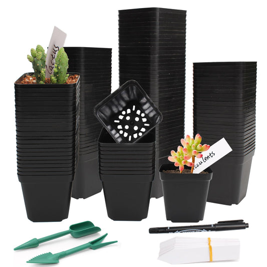 100 Pcs 2.6" Square Nursery Pots for Seeds - Thickened Reusable Plastic Seedling Pots with 60 Plant Labels & Tools - Seed Starter Pots with Drainage for Succulents, Flowers, Cuttings & Greenhouse