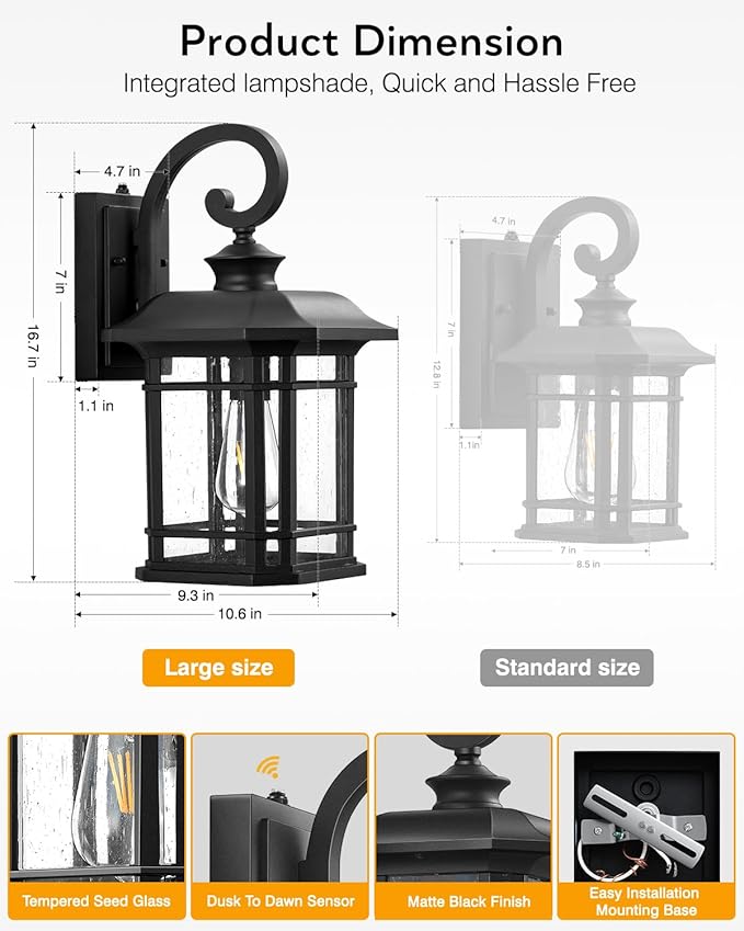 VIANIS 16.7 in Large Black Dusk to Dawn Outdoor Lighting, Anti-Rust Porch Light Fixture with Seed Tempered Glass, Waterproof Outdoor Wall Lights, Exterior Lighting Fixtures for House, Garden, Garage