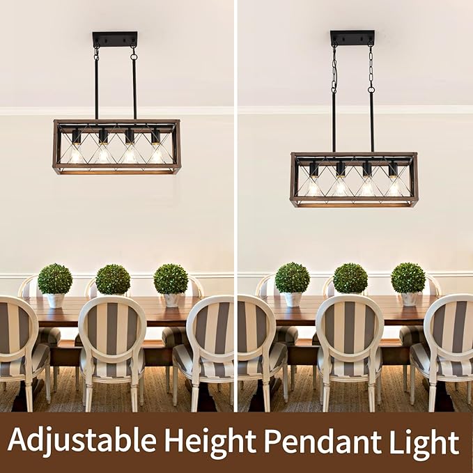 KEESFU 4-Light Dining Room Light Fixture, Farmhouse Kitchen Island Lighting,Adjustable Height Pendant Light, Rustic Linear Chandelier for Kitchen, Dining Room Table, Pool Table. (Wood Grain Color)