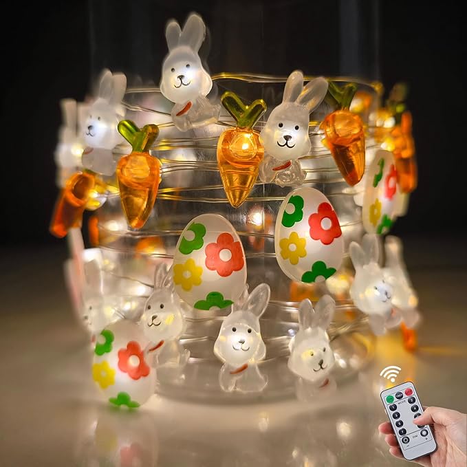 Easter Decorations Battery Operated 17Ft Bunny Carrot Egg String Lights 50 LED Fairy Lights with Timer, Spring Decor for Indoor Outdoor Home Mantel Tree Egg Hunt Party Easter Decoration