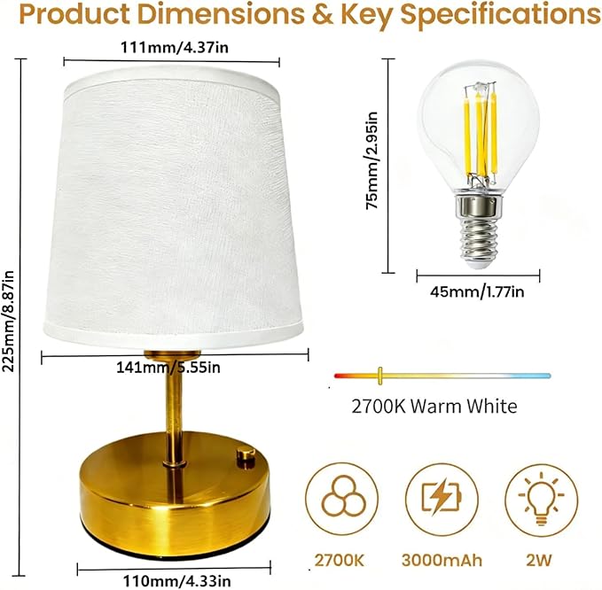 Mini Gold Portable Cordless Table Lamp, Rechargeable Bedside Lamp, Stepless Dimming Touch Control Nightstand Lamp, 2700K Warm Light, Vintage Desk Lamp for Living Room, Dining Table Decor (Mini)