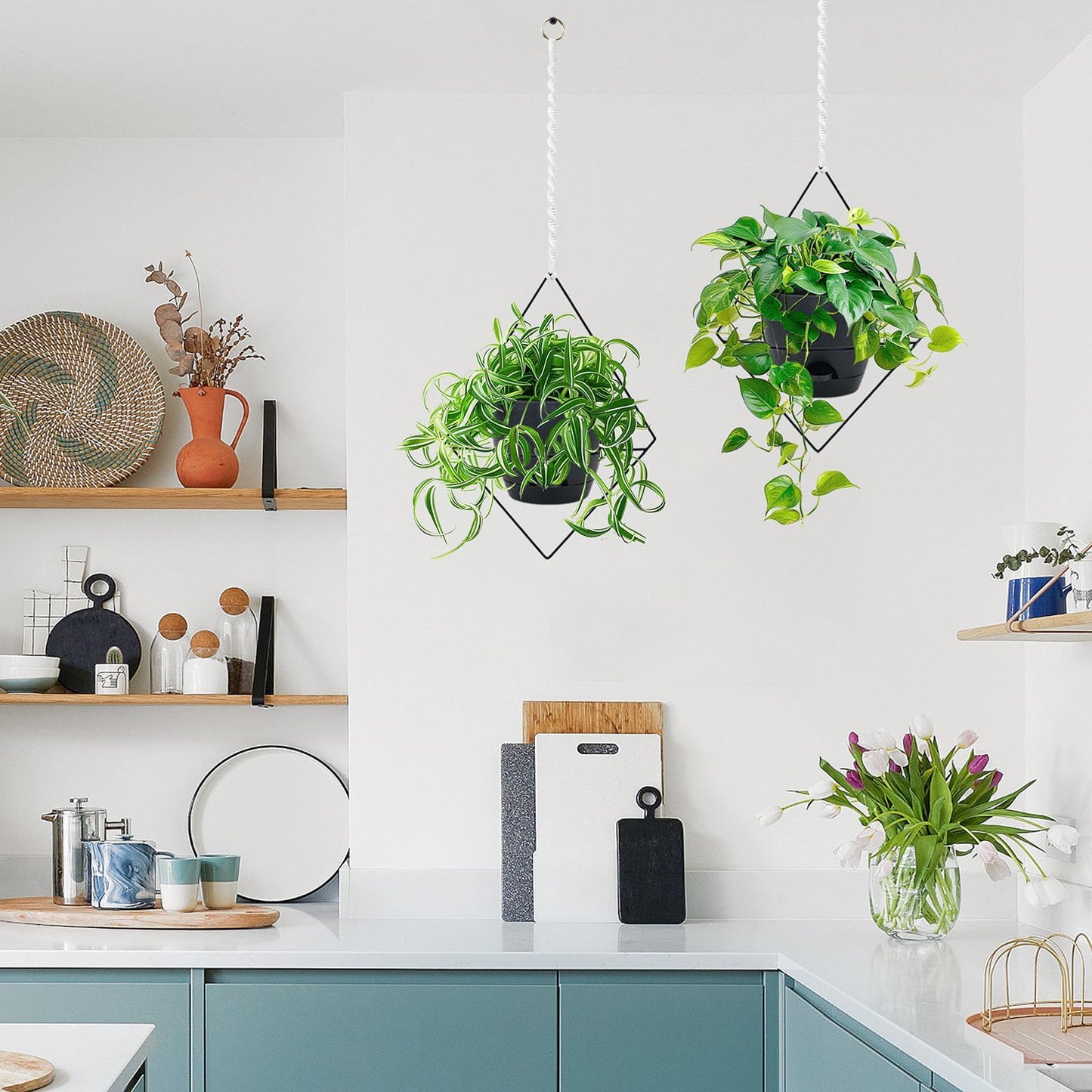 Koalaime Hanging Planters for Indoor Plants, 2 Set Self Watering Hanging Flower Pots, Modern Hanging Plant Baskets with Metal Plant Holder & 6.5 Inch Plastic Pots for Garden Home Decor (Black)